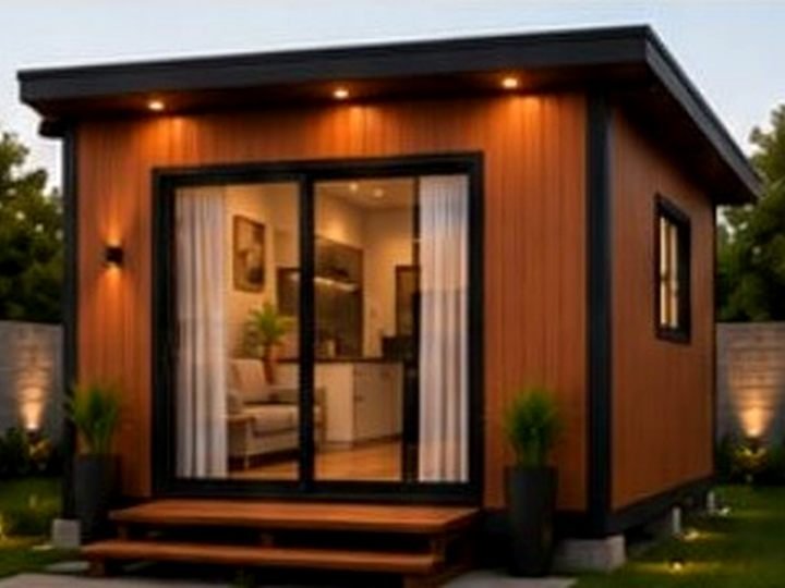 Fachada frontal da casa compacta de 18 m² com deck de entrada e iluminação