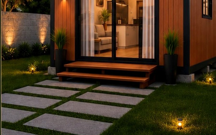 Casa compacta modular de 18 m² com fachada amadeirada, deck de entrada e iluminação de jardim